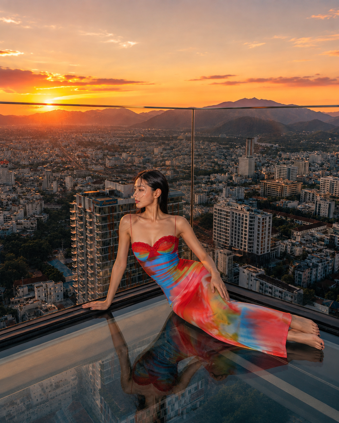 Enjoying sunset views over Nha Trang from Skylight rooftop with panoramic city and mountain scenery