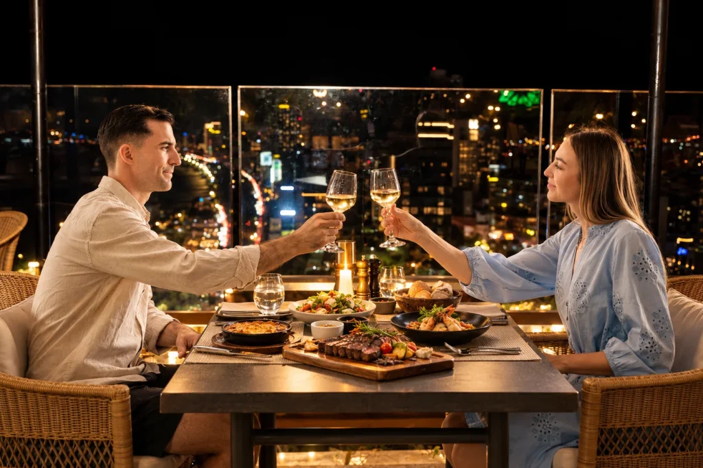 Illustrative image of a couple toasting over a romantic rooftop dinner, with the city lights behind them