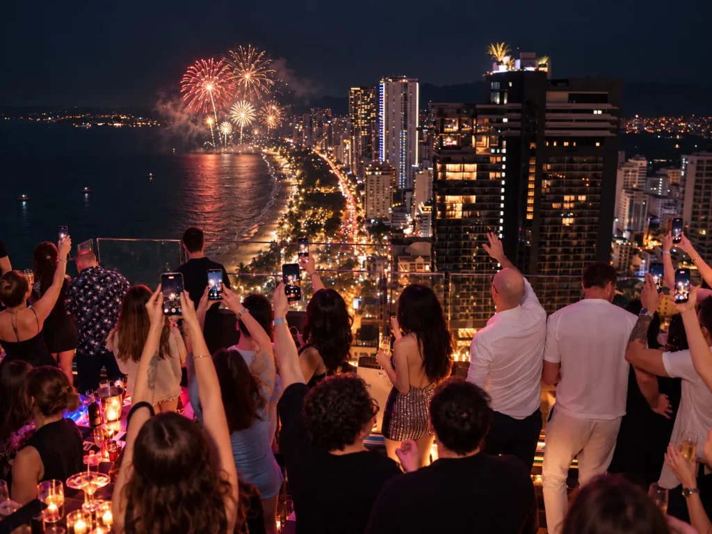 Guests watching fireworks over Nha Trang Bay from Rooftop Beach Club, Skylight