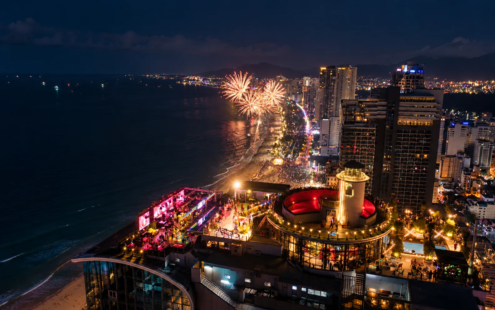 New Year's Eve in Nha Trang at Skylight, the 43rd-floor rooftop of Havana Hotel, with fireworks over Nha Trang Bay